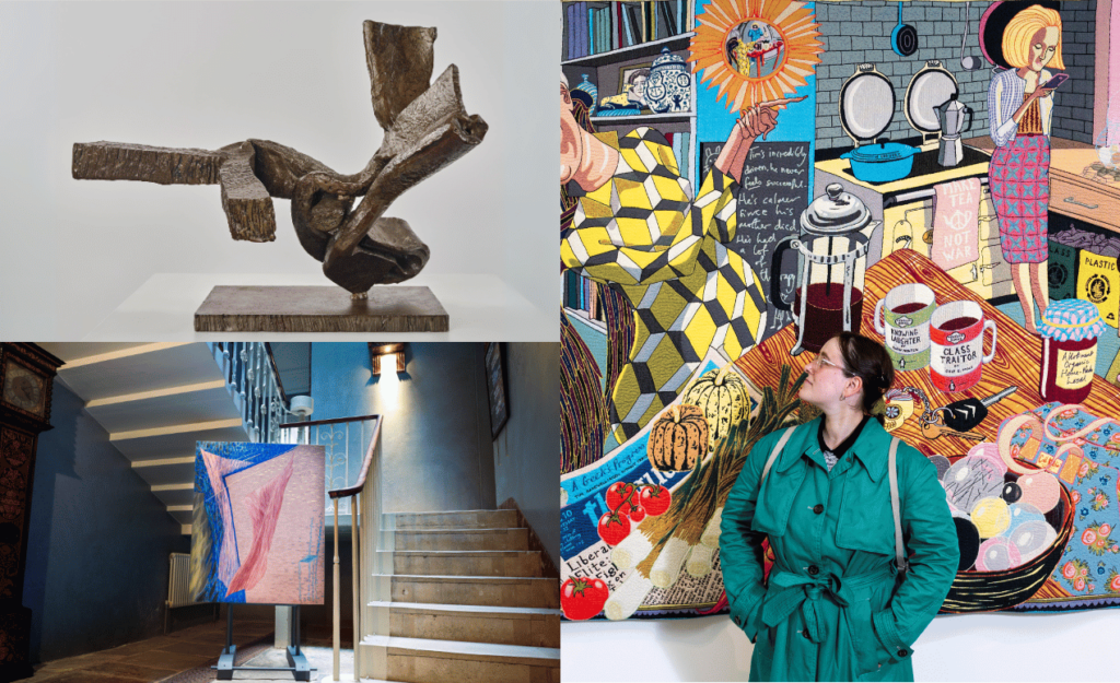 A collage featuring contemporary art installations, including a bronze sculpture, a vibrant tapestry, and a staircase adorned with an abstract painting.